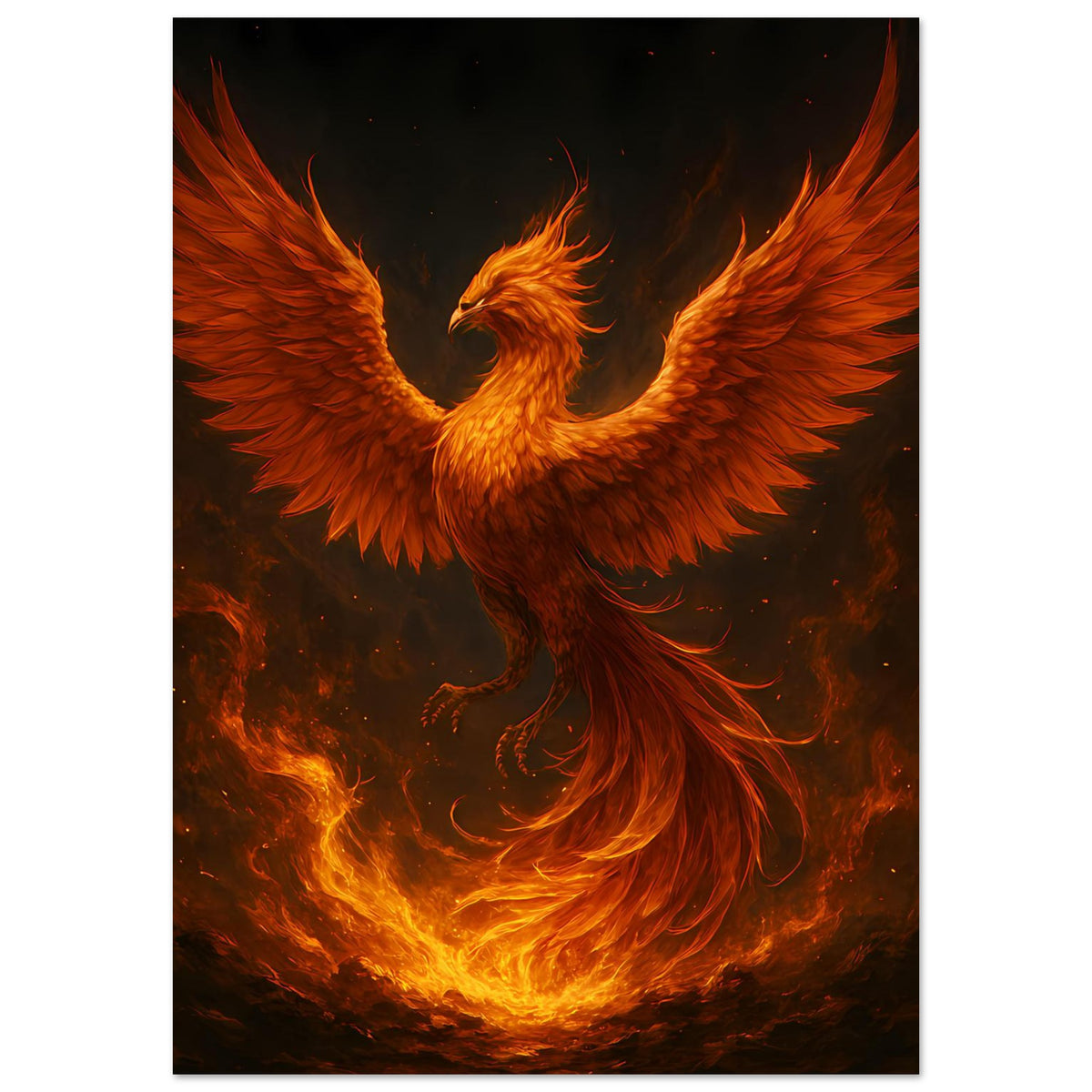Poster zeigt Feuerphönix mit leuchtend gelber Brust und roten Flügeln, vertikal