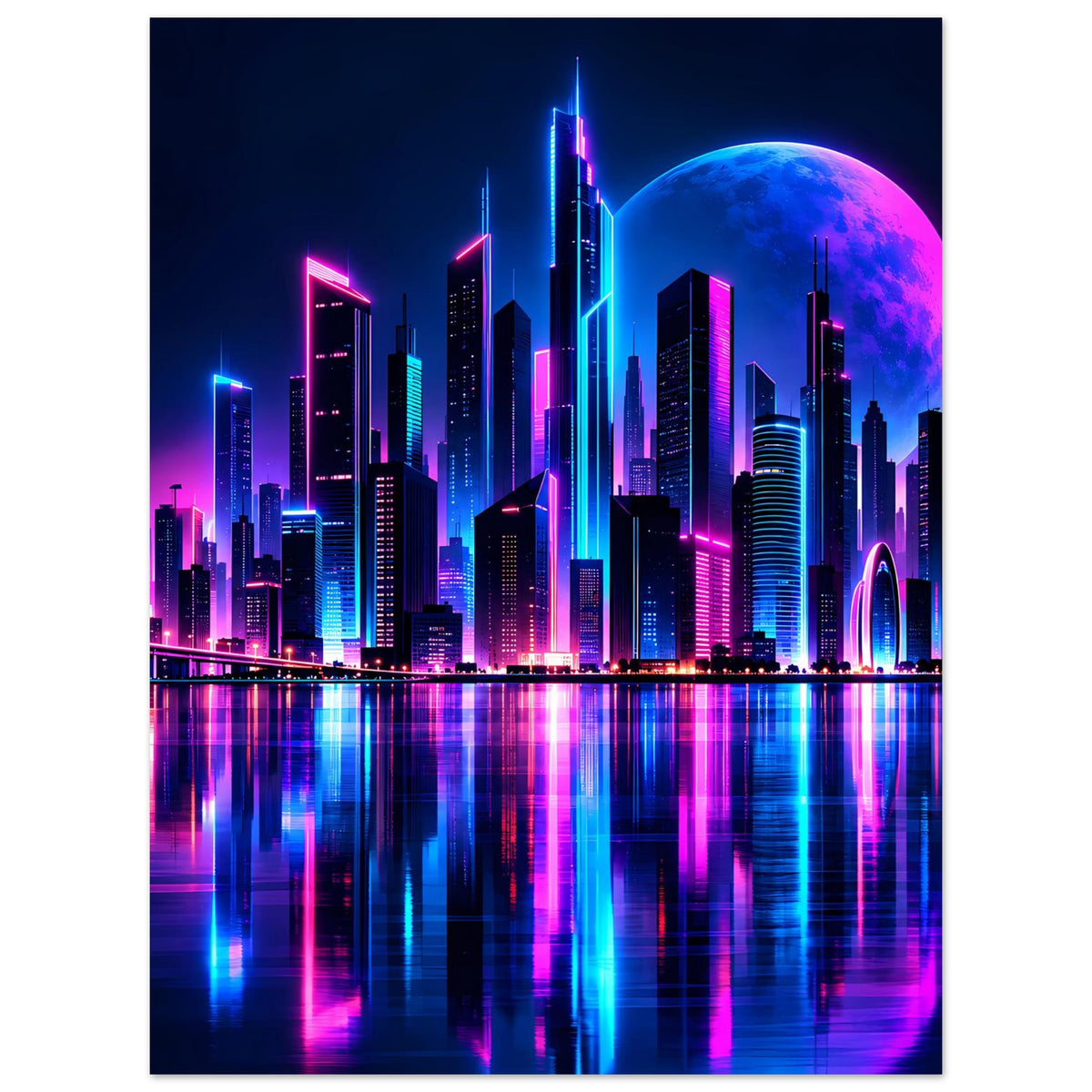Neon-Stadtlandschaft Poster mit blauer und pinker Skyline, Mond und Spiegelung im Wasser