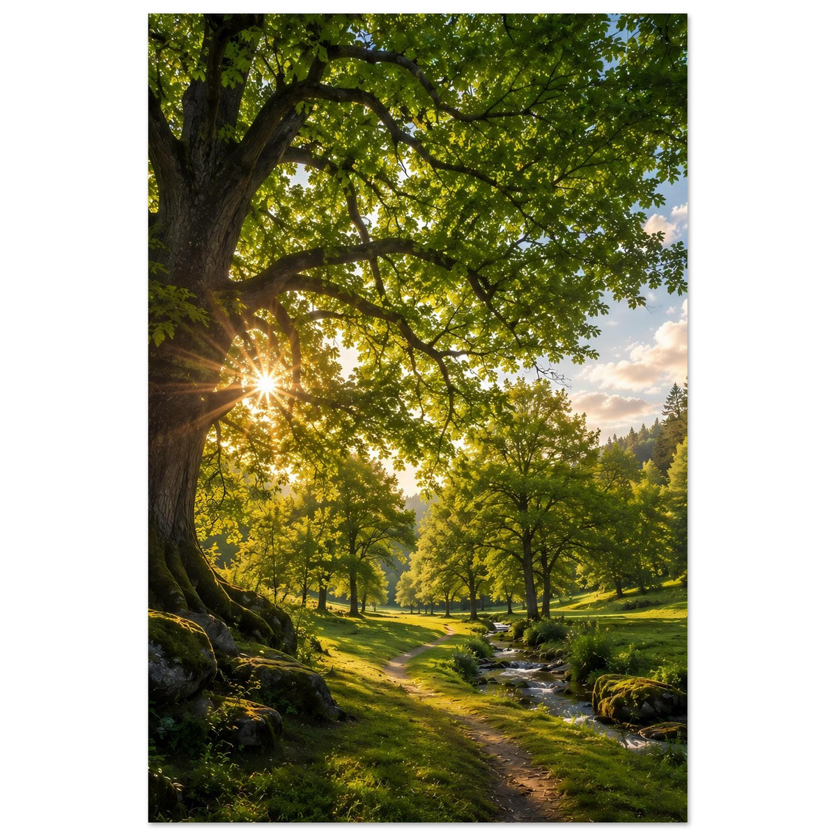 Wandposter im Hochformat: Waldweg zwischen grünen Bäumen, Sonne durch Blätter
