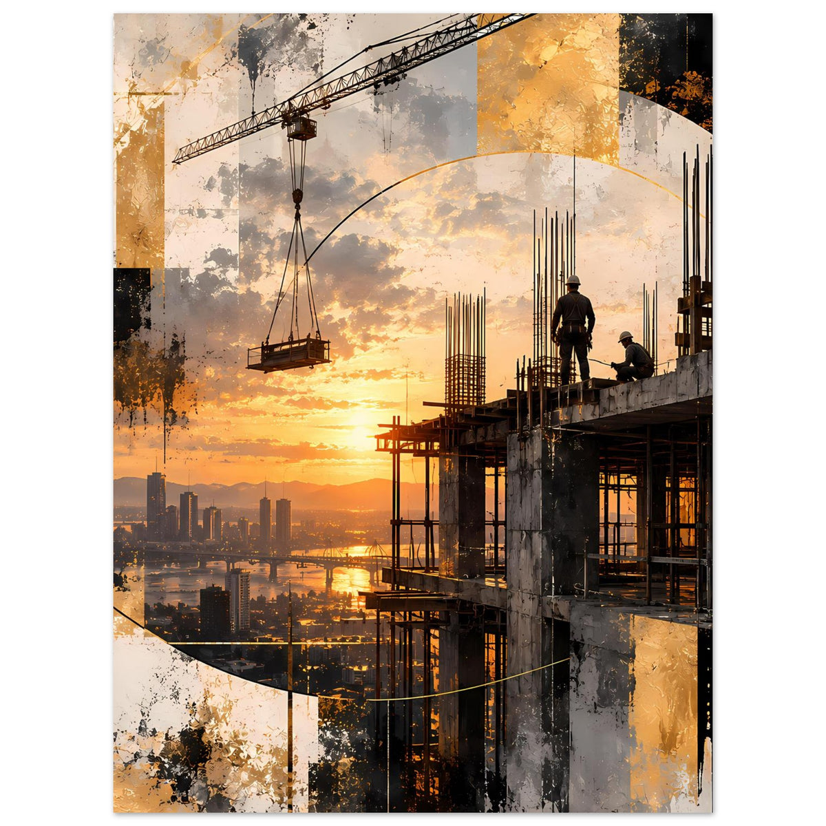 Abstraktes Sonnenuntergangs-Poster: Baukran, Gerüststreben und warmes Farbspektrum im Himmel