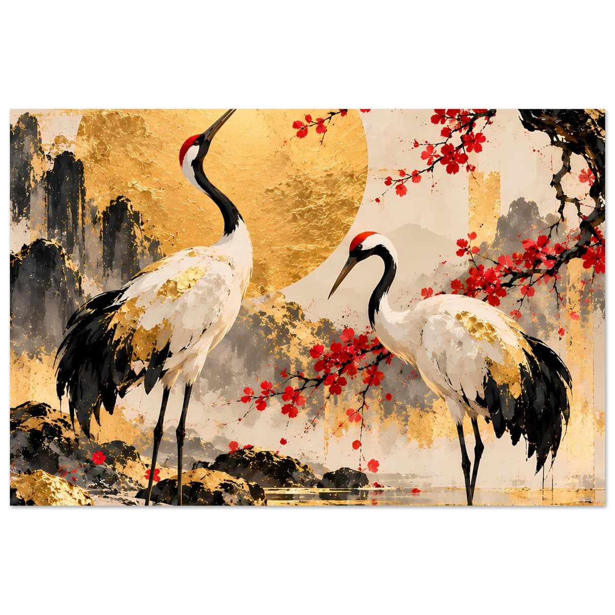 Poster mit zwei Kranichen und Kirschblüten: goldener Kreis, rote Blüten und abstrakte Textur