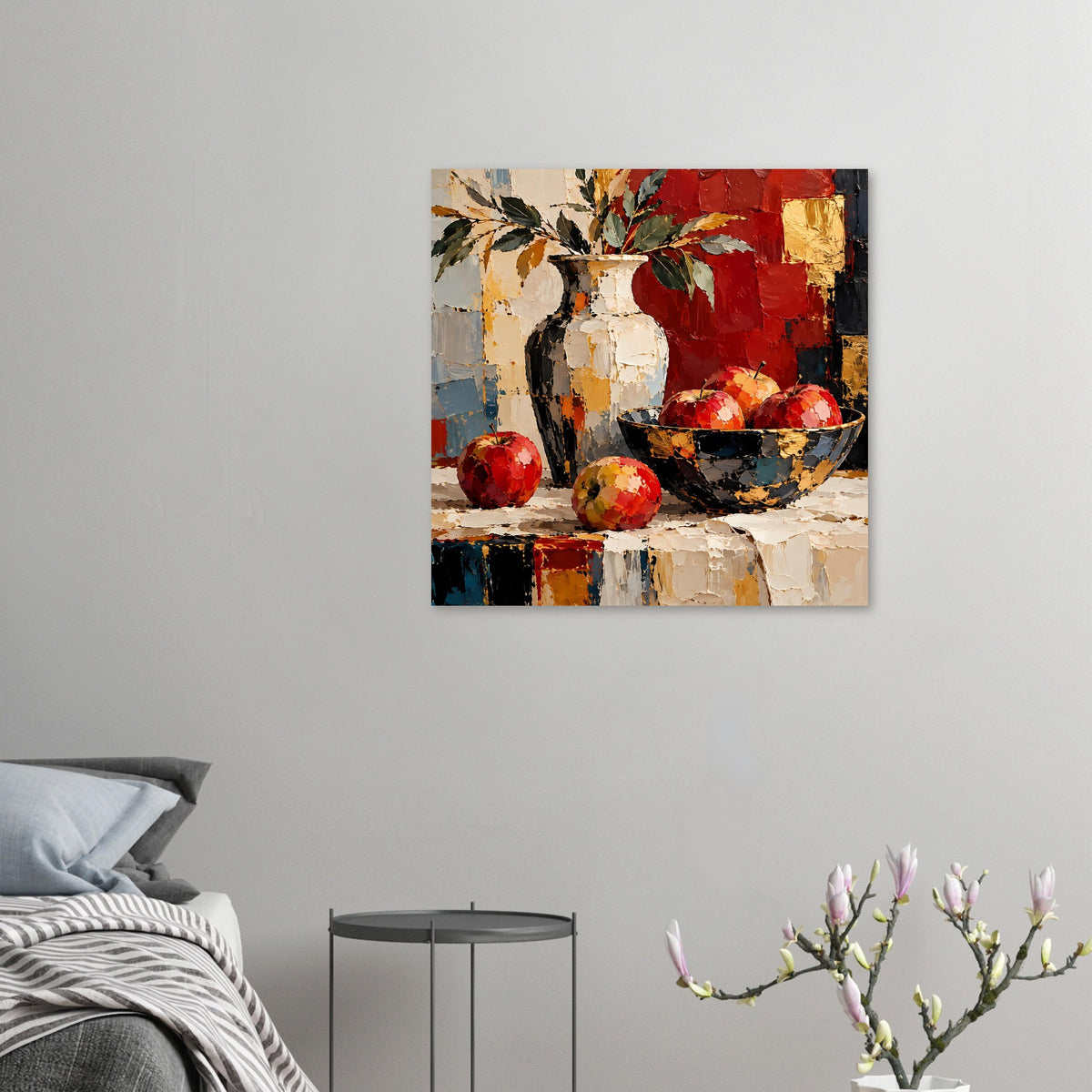 Kunstposter (klein) mit Stillleben: Vase, Schale und rote Früchte in kräftigen Farben
