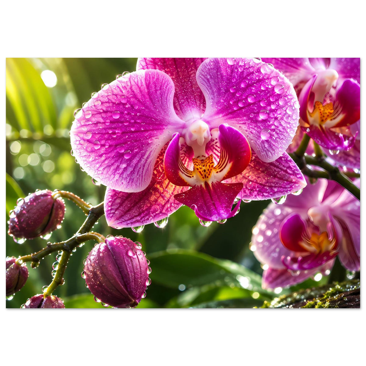 Poster mit pinken Orchideenblüten und Wassertropfen auf Blütenblättern, Knospen sichtbar