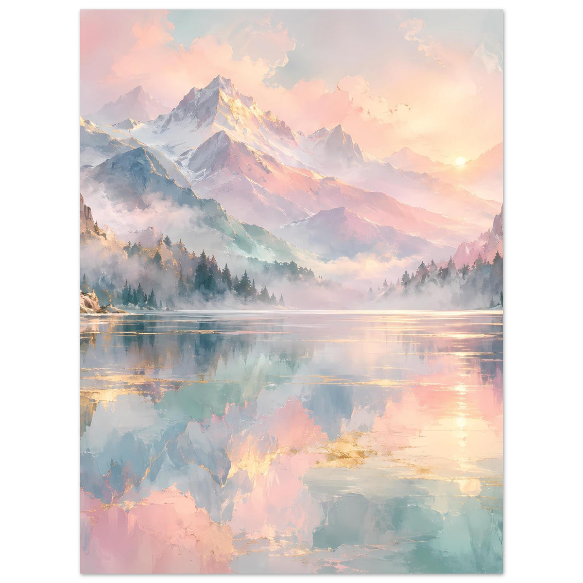 Poster (vertikal) mit Bergkette, Waldsilhouette und spiegelndem See in Pastell
