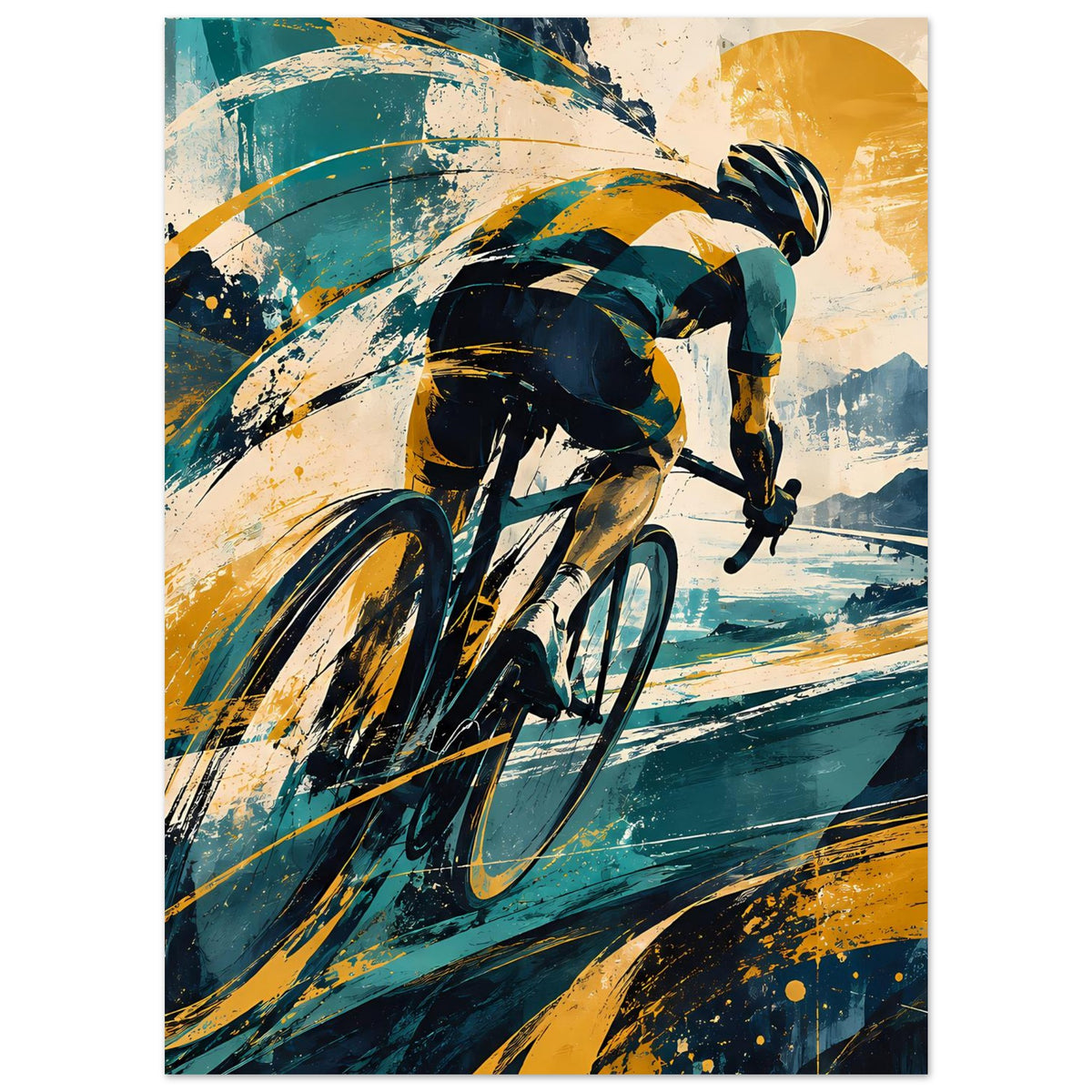 Sportposter mit Radfahrer-Szene, kräftige Blau- und Gelbflächen, sportlicher Grafikstil