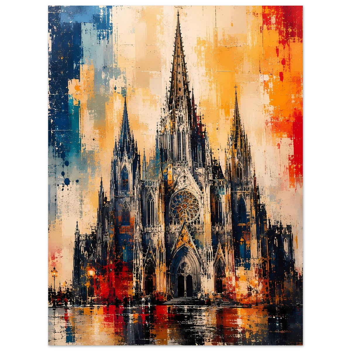 Gotisches Kathedralen-Poster mit dominanter Fassade und farbigen Spritzmustern