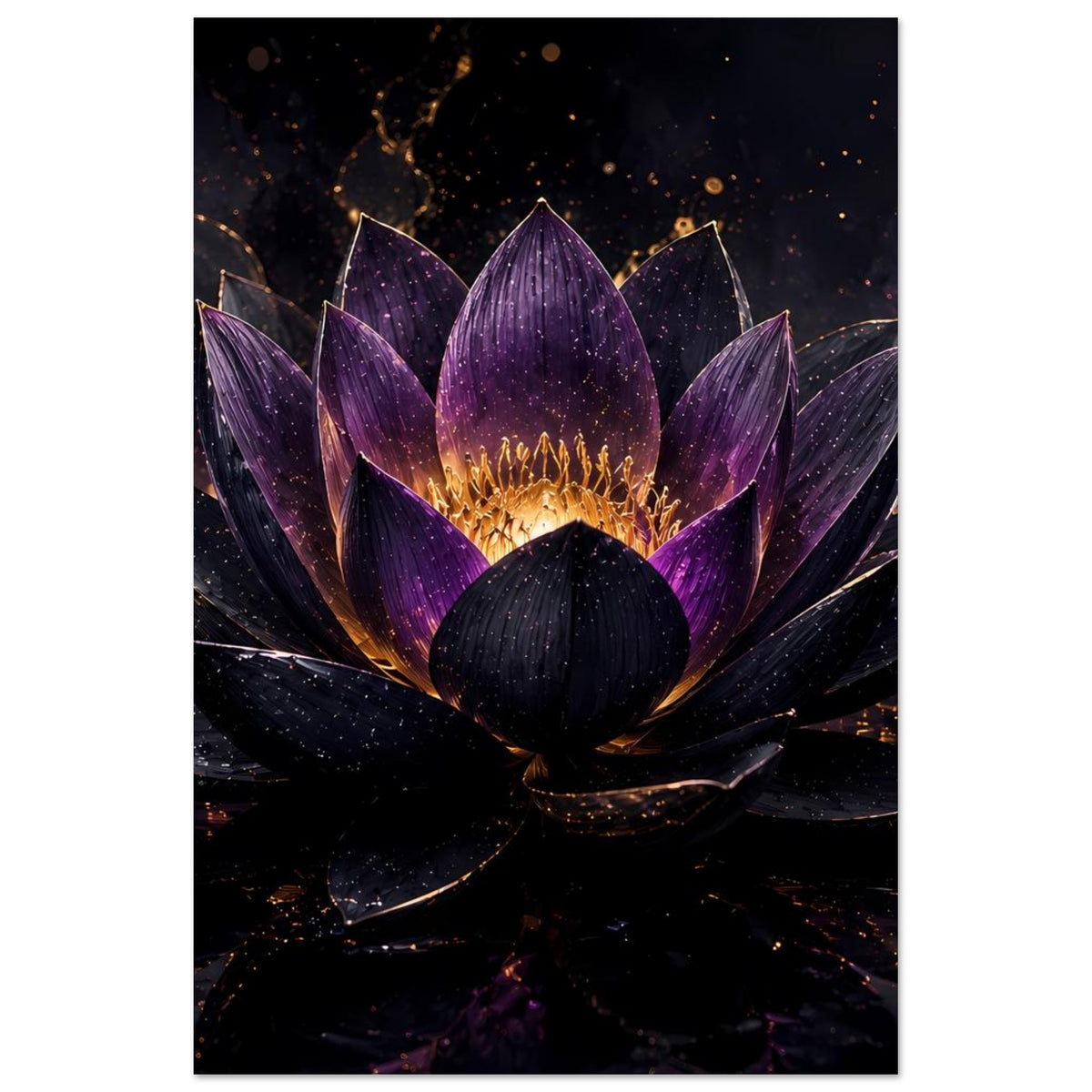 Vertikales Poster mit violetter Lotusblüte, goldener Mitte und dunklem Sternenhintergrund.