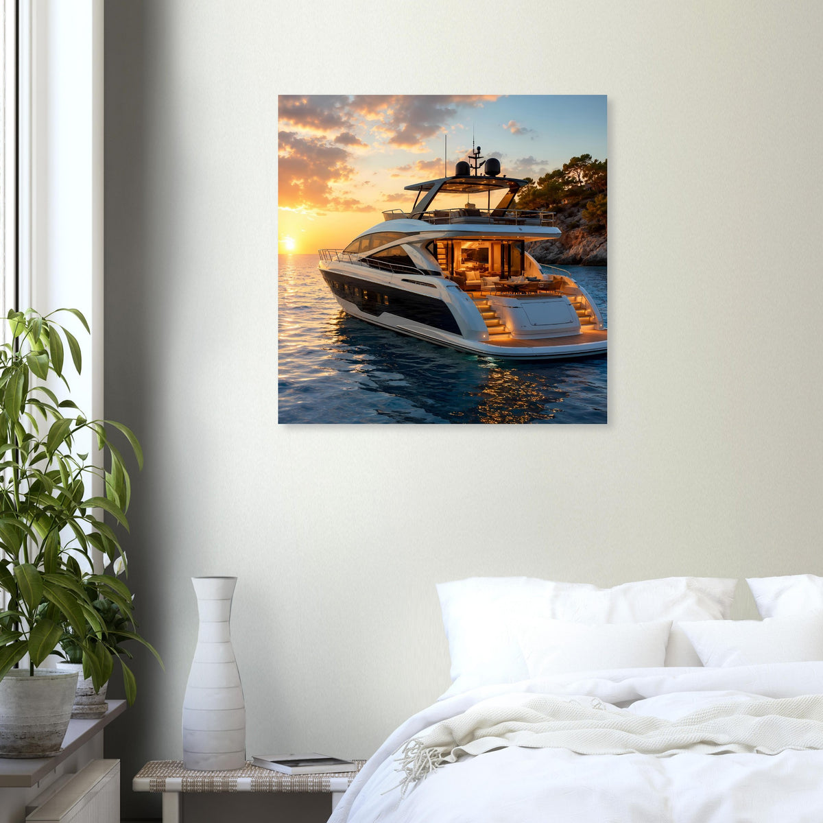 Poster mit Motoryacht auf dem Wasser, orangefarbener Sonnenuntergang im Hintergrund