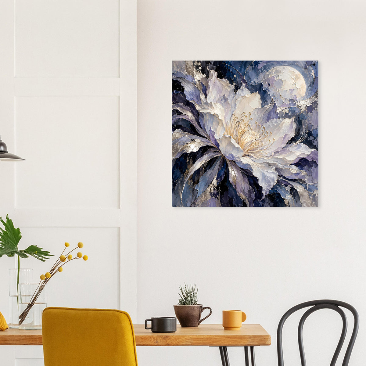 Blumenposter mit weißem Blütenschopf und dunklen Blau-Violett-Farbflächen