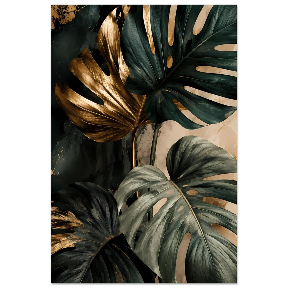 Schmales Hochformat-Poster mit Monstera-Blättern in Dunkelgrün und Goldakzenten