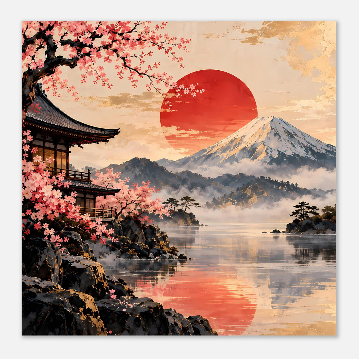 Zen-Serenity-Poster mit japanischer Landschaft: Pagode, Kirschblüten, Fuji, See und roter Sonne