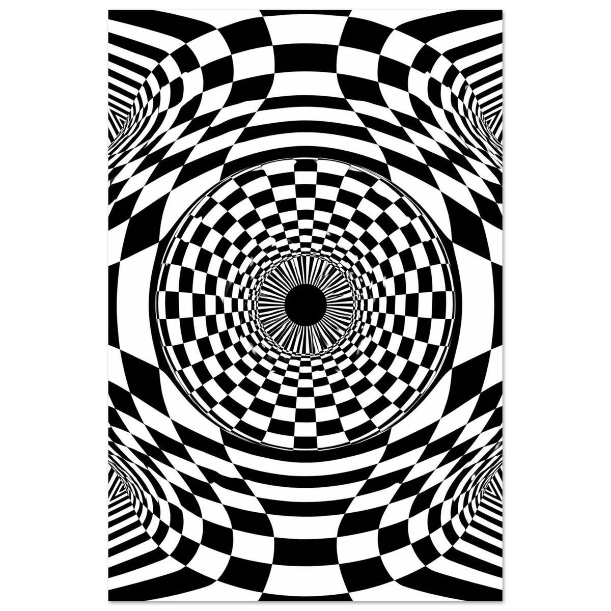 Quadratisches Schwarz-Weiß-Poster mit zentralem Schachbrettkreis und Tunneloptik