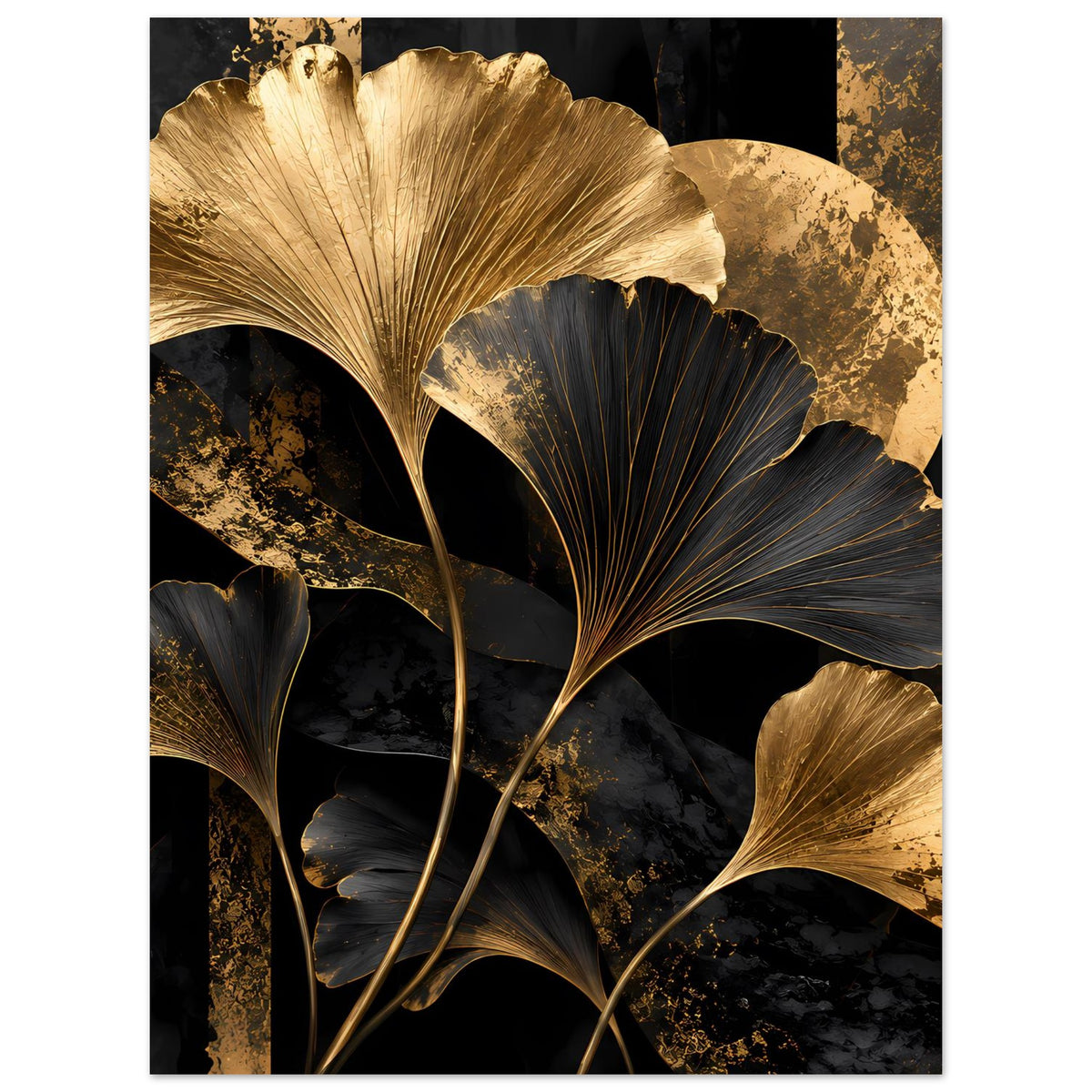 Botanisches Poster, vertikal: goldene Blattspitzen und dunkelblaue Ginkgo-Kronen im Muster