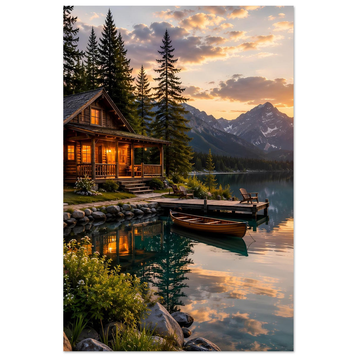 Landschaftsposter mit Boot am See, Tannen und Bergen bei Sonnenuntergang, Hochformat