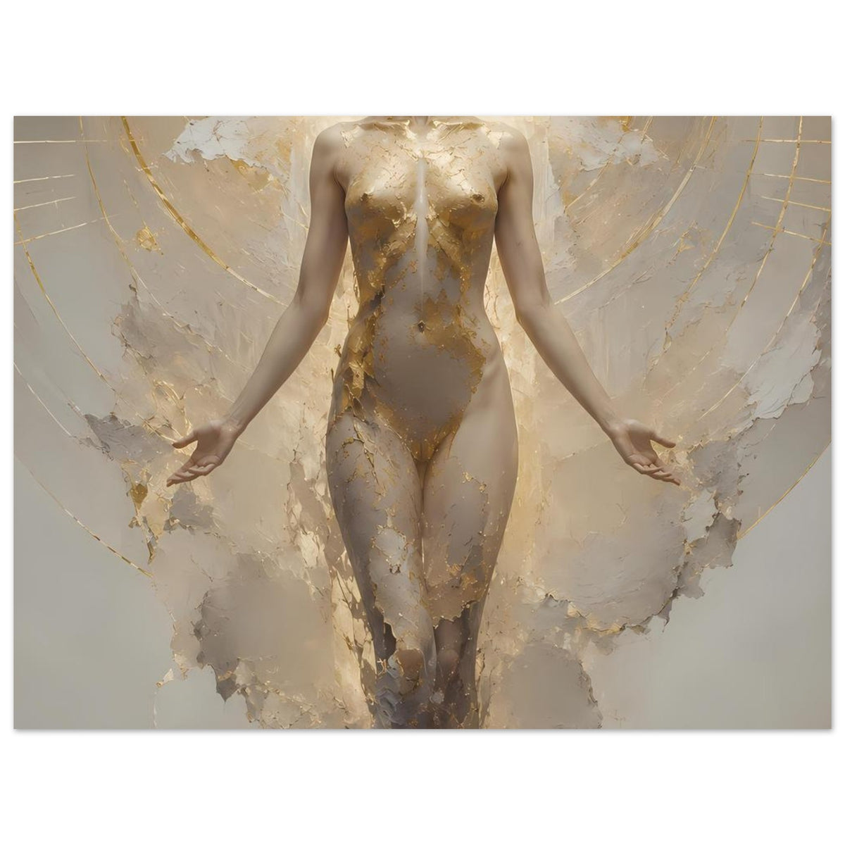 Posteransicht der schwebenden Frauenfigur mit goldenen Details in Creme