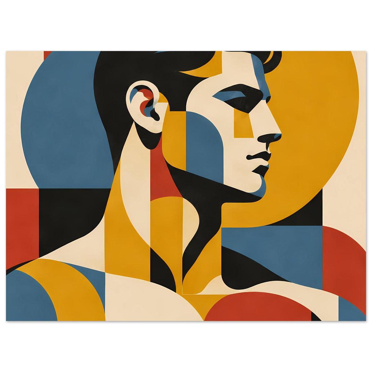 Horizontales Porträtposter mit geometrischer Gesichtsillustration in Gelb, Blau und Rot-Tönen.