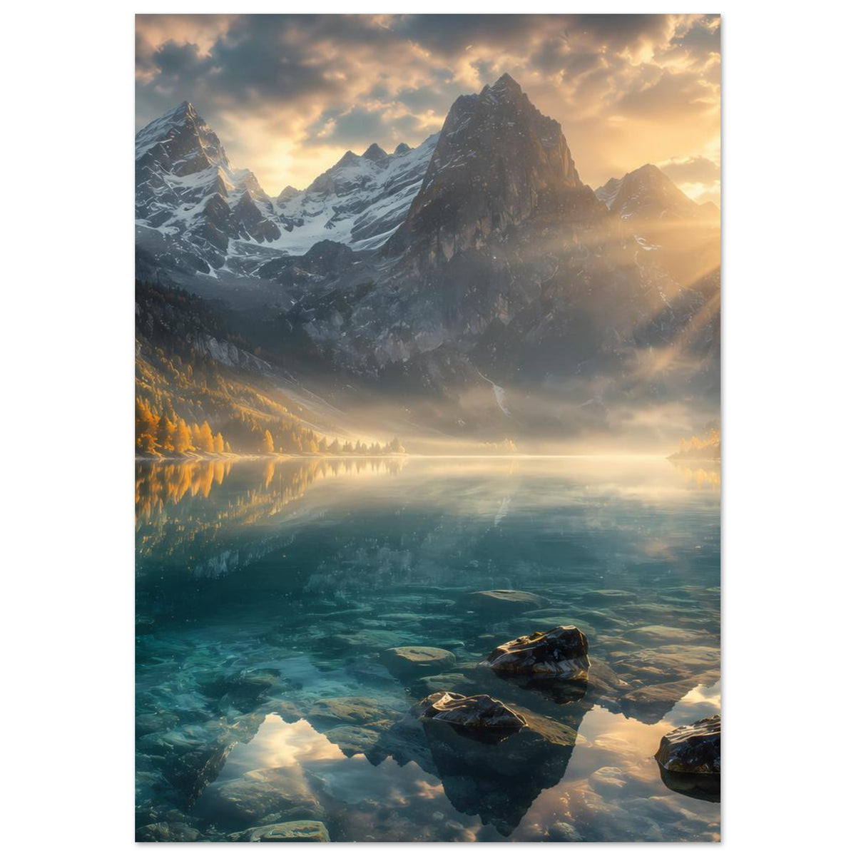 Wandposter im Hochformat: Berge im warmen Sonnenlicht, ruhiger See und Felsen im Wasser