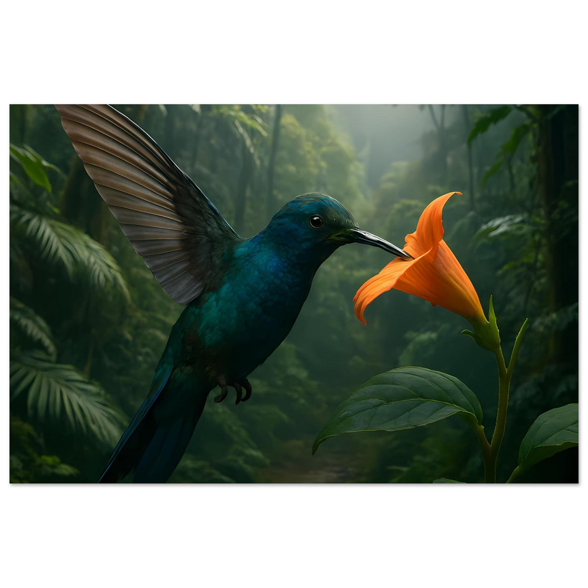 Dschungelposter mit blauem Kolibri und orangefarbener Blüte, Flügel nach links ausgerichtet
