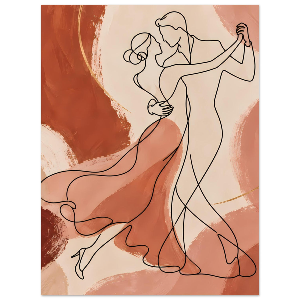 Kunstposter mit tanzendem Paar, Fokus auf stehende Figur und Liniezeichnung, Erdtöne