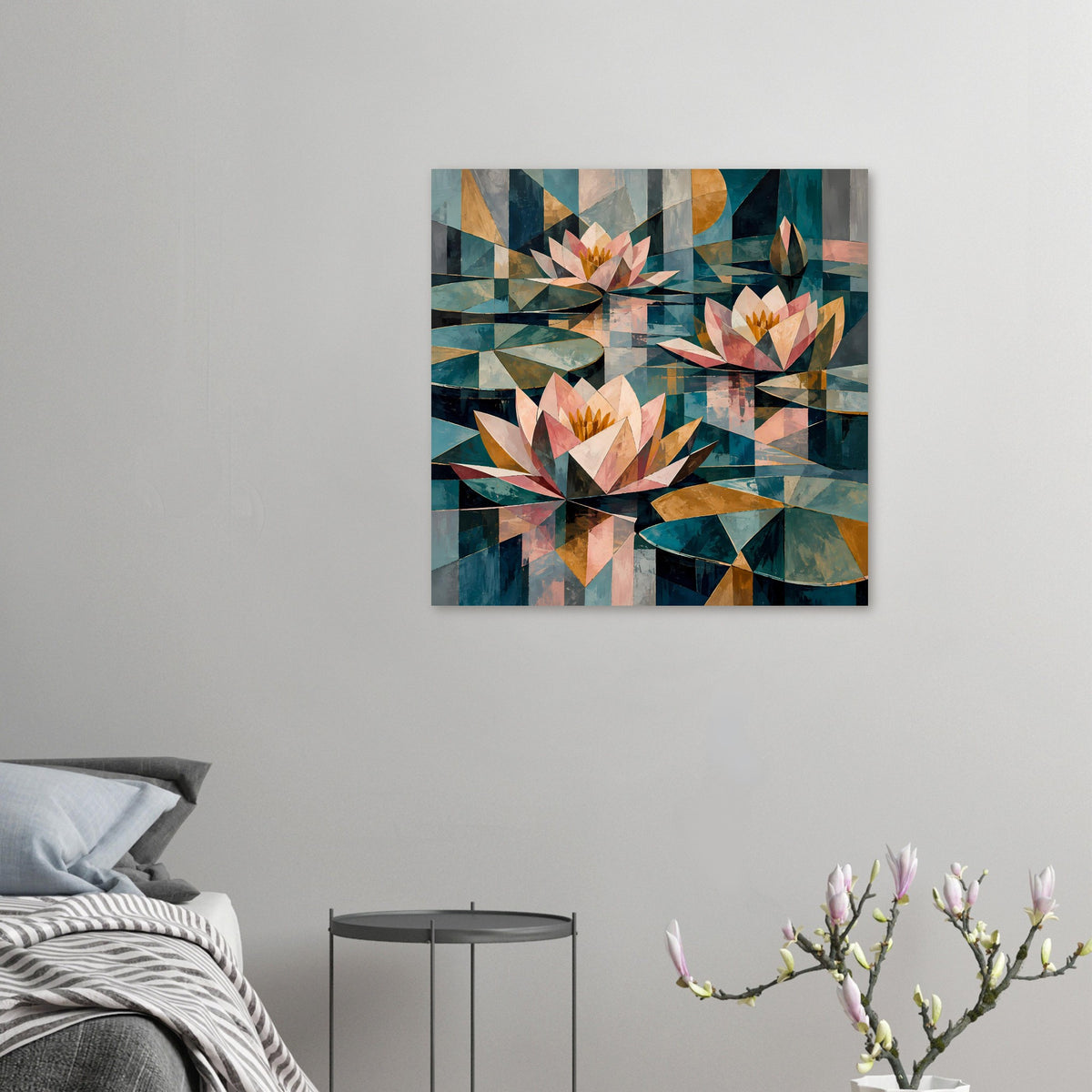 Quadratisches Blumenposter mit geometrischen Seerosen-Motiven in Pastell und Petrol