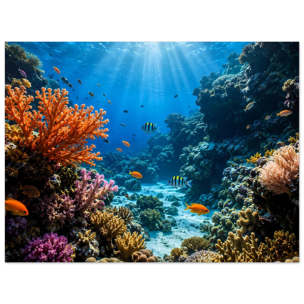 Unterwasser-Poster mit Korallenriff: bunte Korallen unten, Fische über dem Meeresgrund