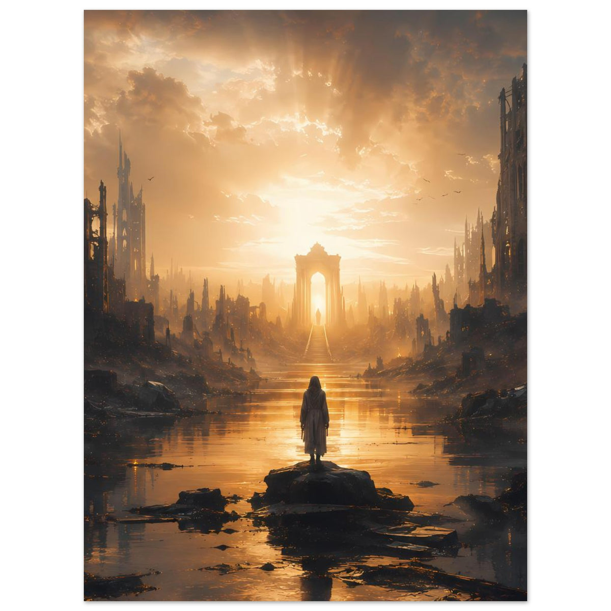 Wandposter mit düsterer Ruinenstadt, Fluss mit Insel und einsamer Figur vor goldenem Portal