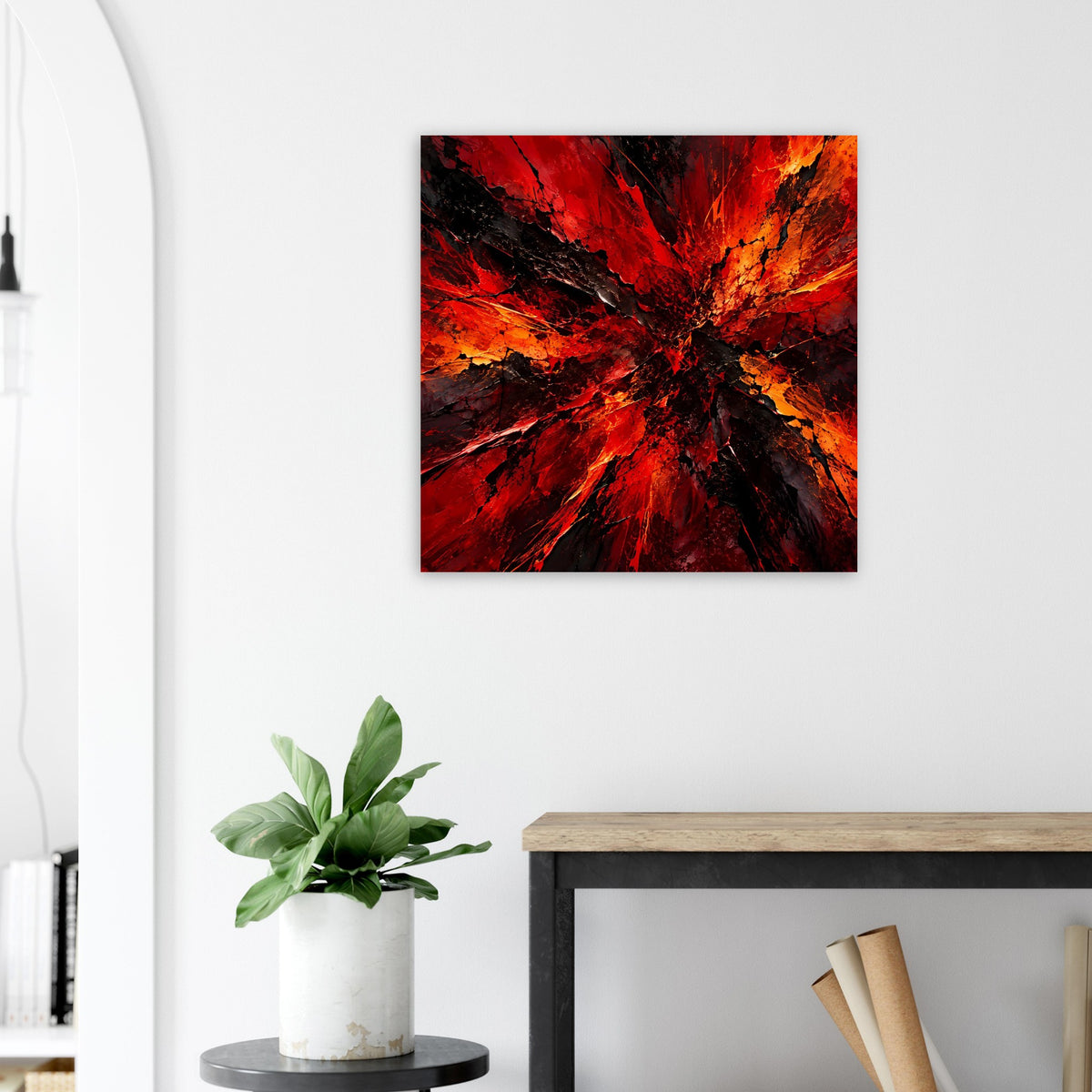 Abstraktes Poster mit kräftigen Rot-Orange-Tönen und dunklen Linien, quadratisch