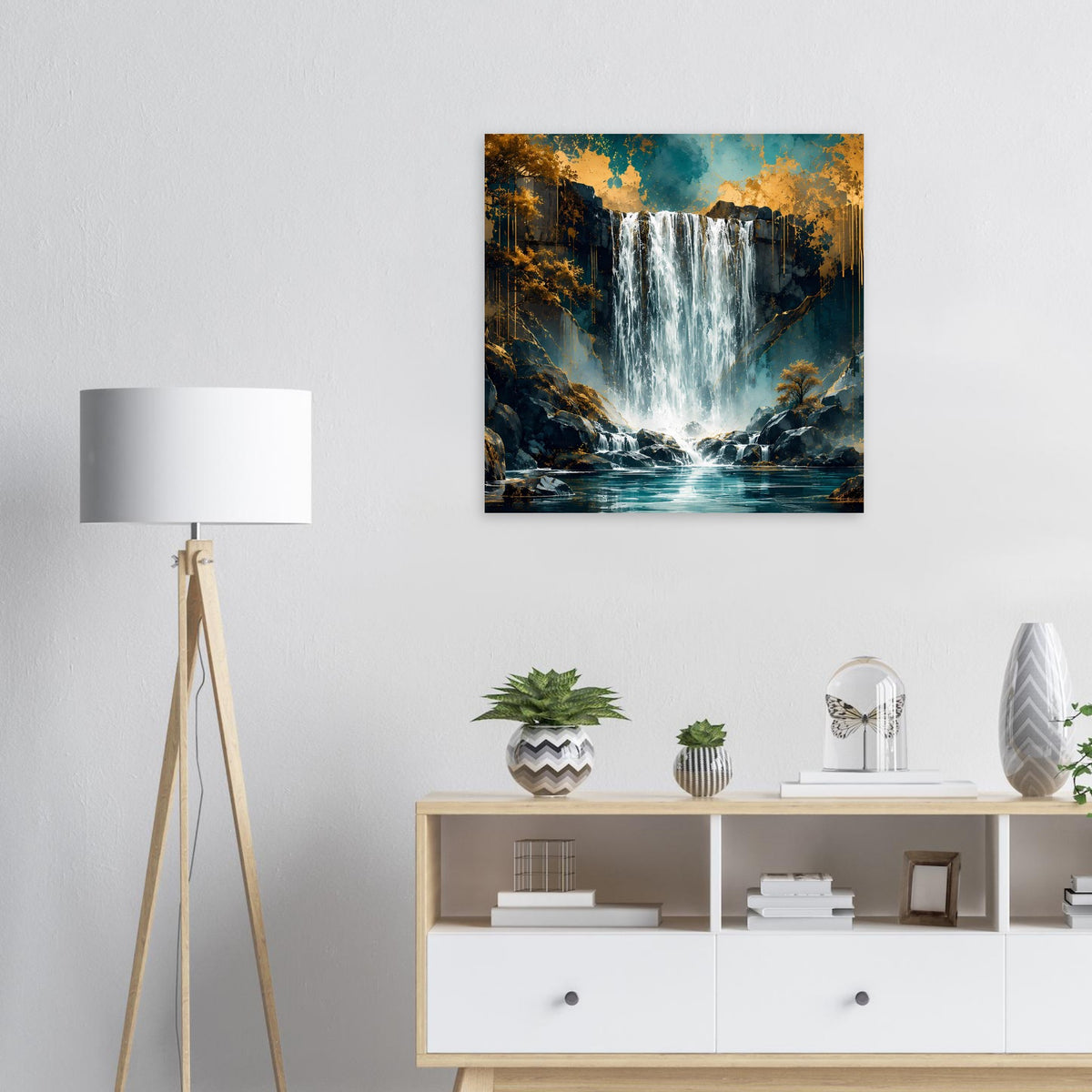 Türkisfarbenes Wasserfall-Poster mit Felslandschaft und goldenen Baumkronen