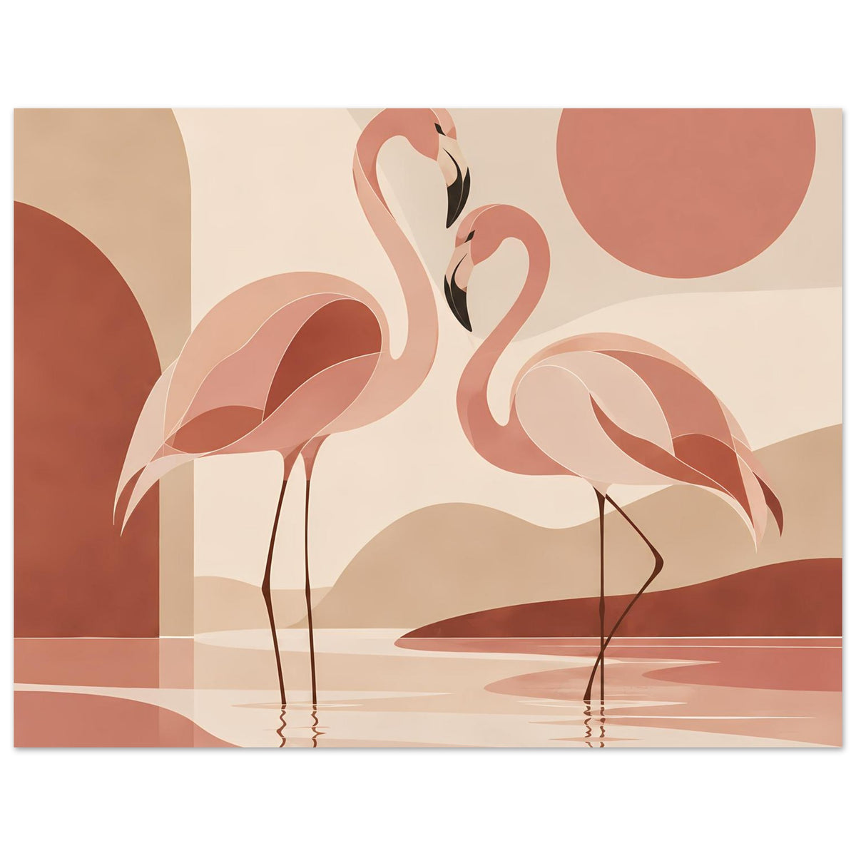 Naturposter mit zwei Flamingos, Pastellfarben, abstrakte Kreise und reflektierende Wasserfläche