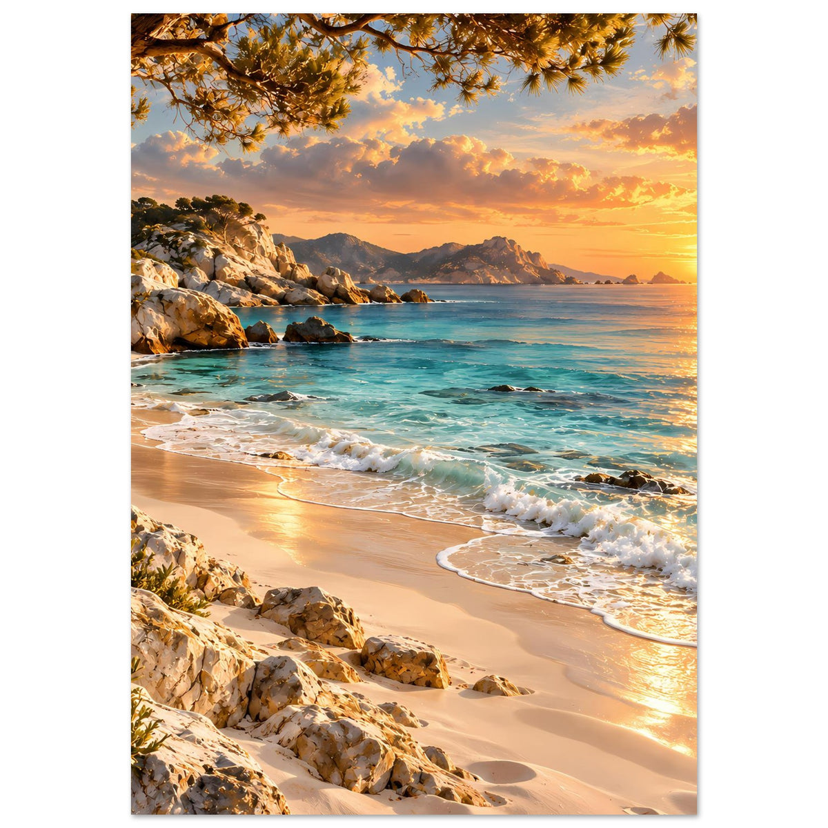 Landschaftsposter im Hochformat: Sonnenuntergang über dem Meer, schäumende Wellen, Sandstrand