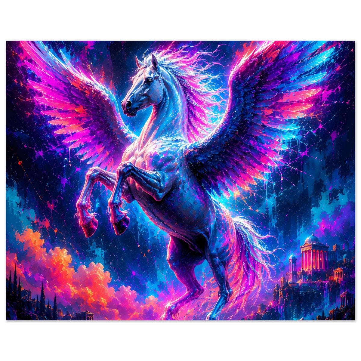 Leuchtendes Pegasus-Poster, querformat: blauer Pegasus mit Neon-Flügeln und Himmelstiefen