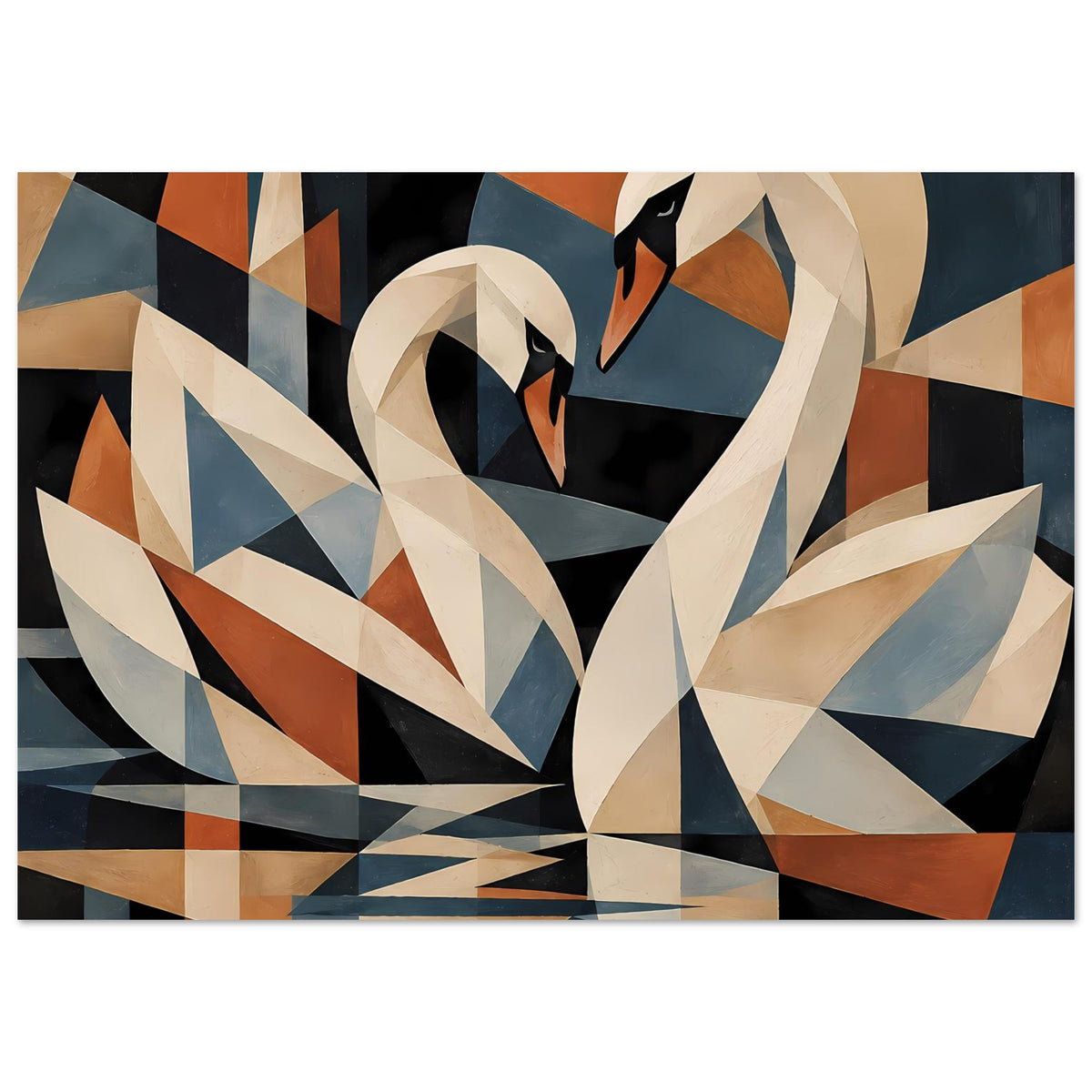 Kubistisches Schwanen-Poster mit abstrakten Dreiecken in Blau, Beige und Rostrot