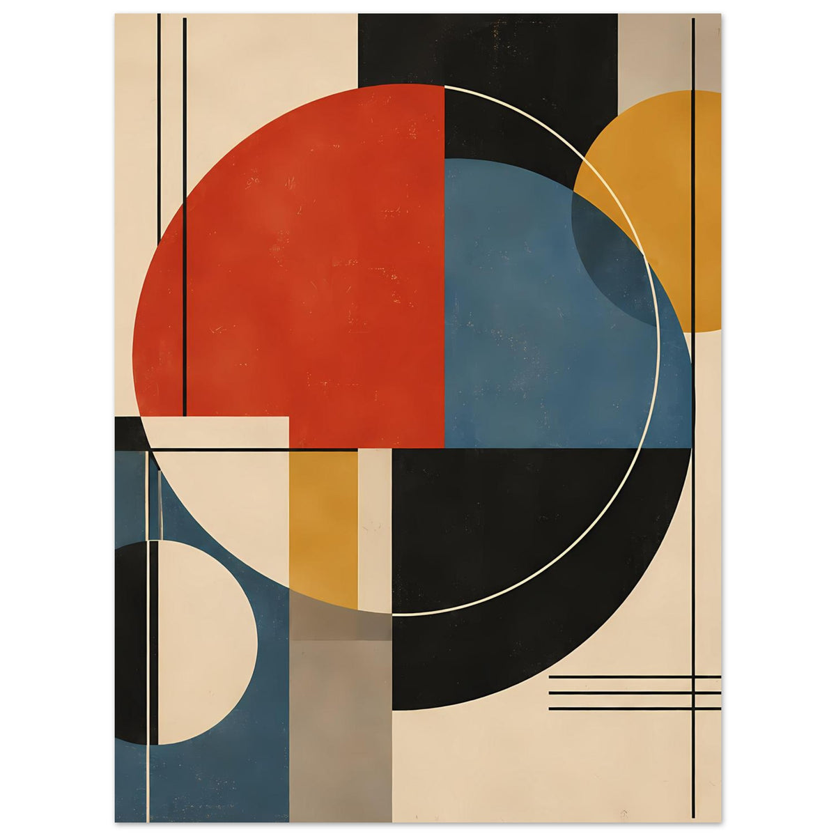 Abstraktes Poster mit rotem Block, blauem Kreisring und schmalen Linien in warmen Farbtönen.