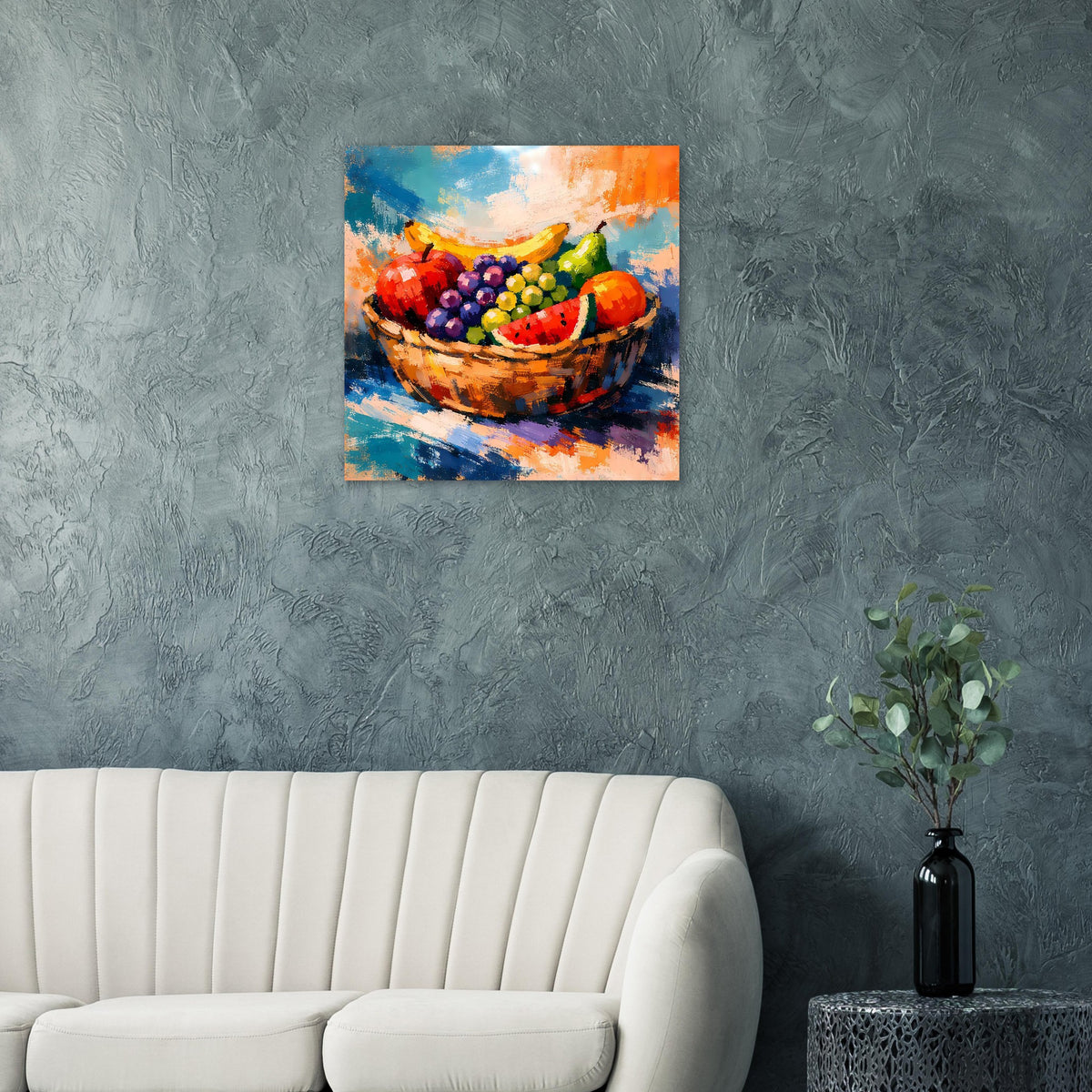 Poster mit buntem Früchtekorb in expressiver Malerei, sichtbare Beeren und Schale