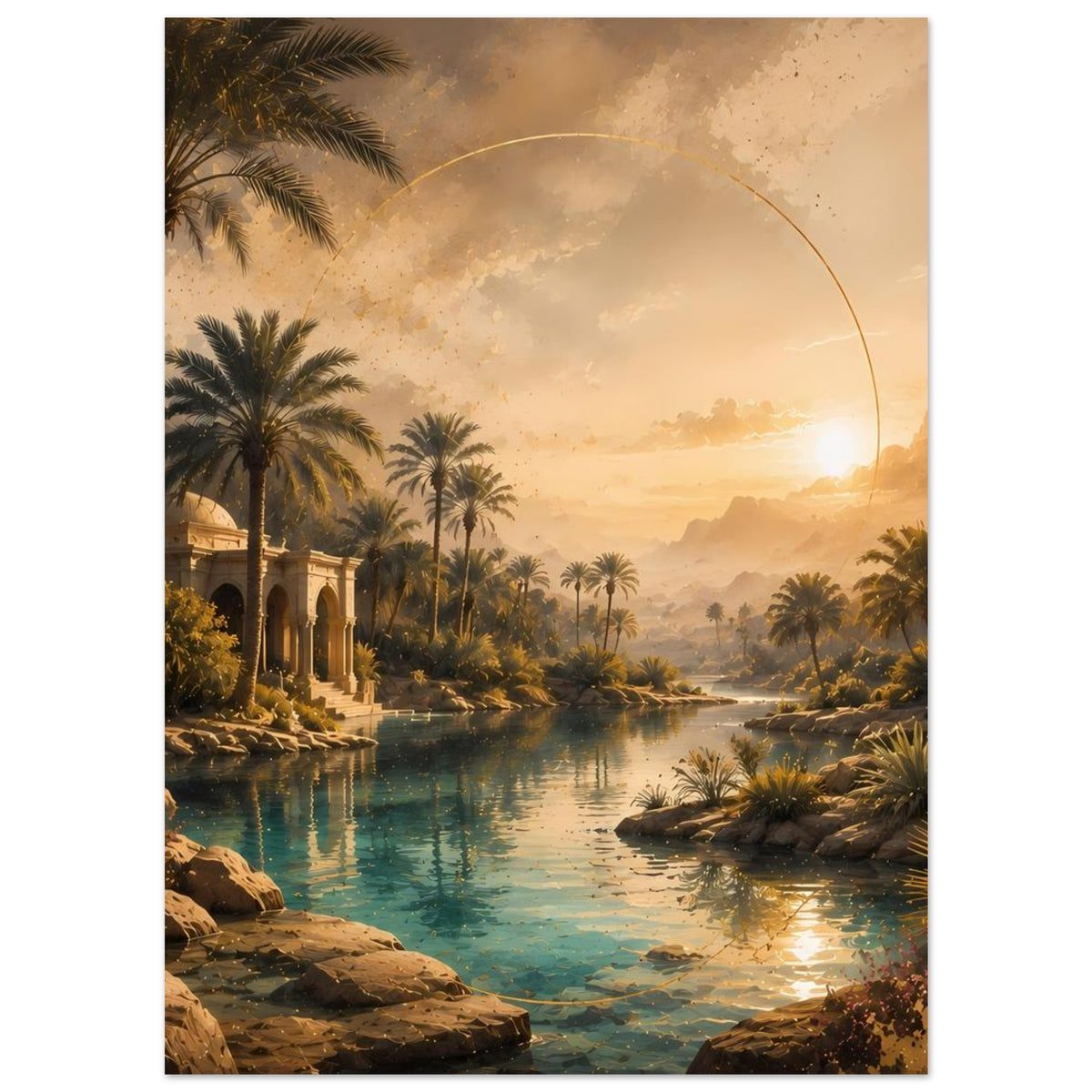 Poster mit Landschaftsmotiv: Palmen, türkisfarbener Fluss, Steilufer und goldene Sonne