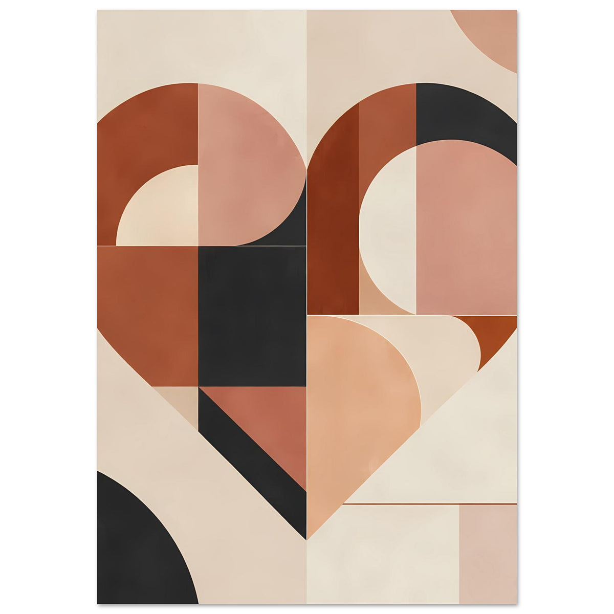Abstraktes Poster mit geometrischem Herz, Terrakotta- und Rosatöne, schwarze Formen, klare Linien