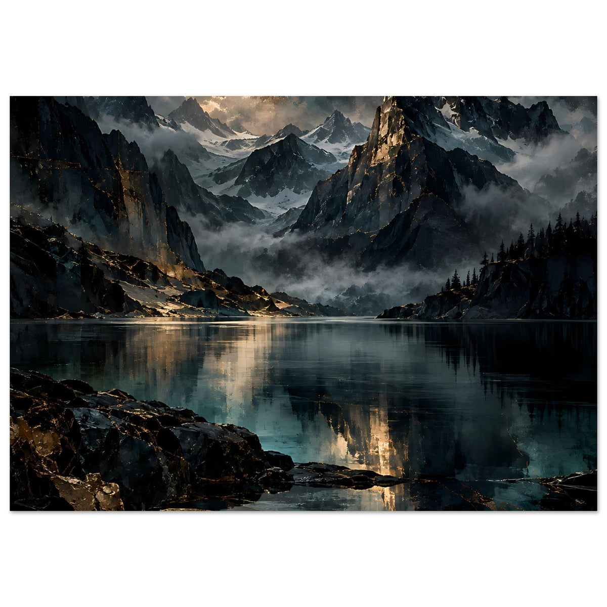 Poster mit Bergsee und hohen Felsen bei Dämmerung, Wasserspiegelung und Nebel