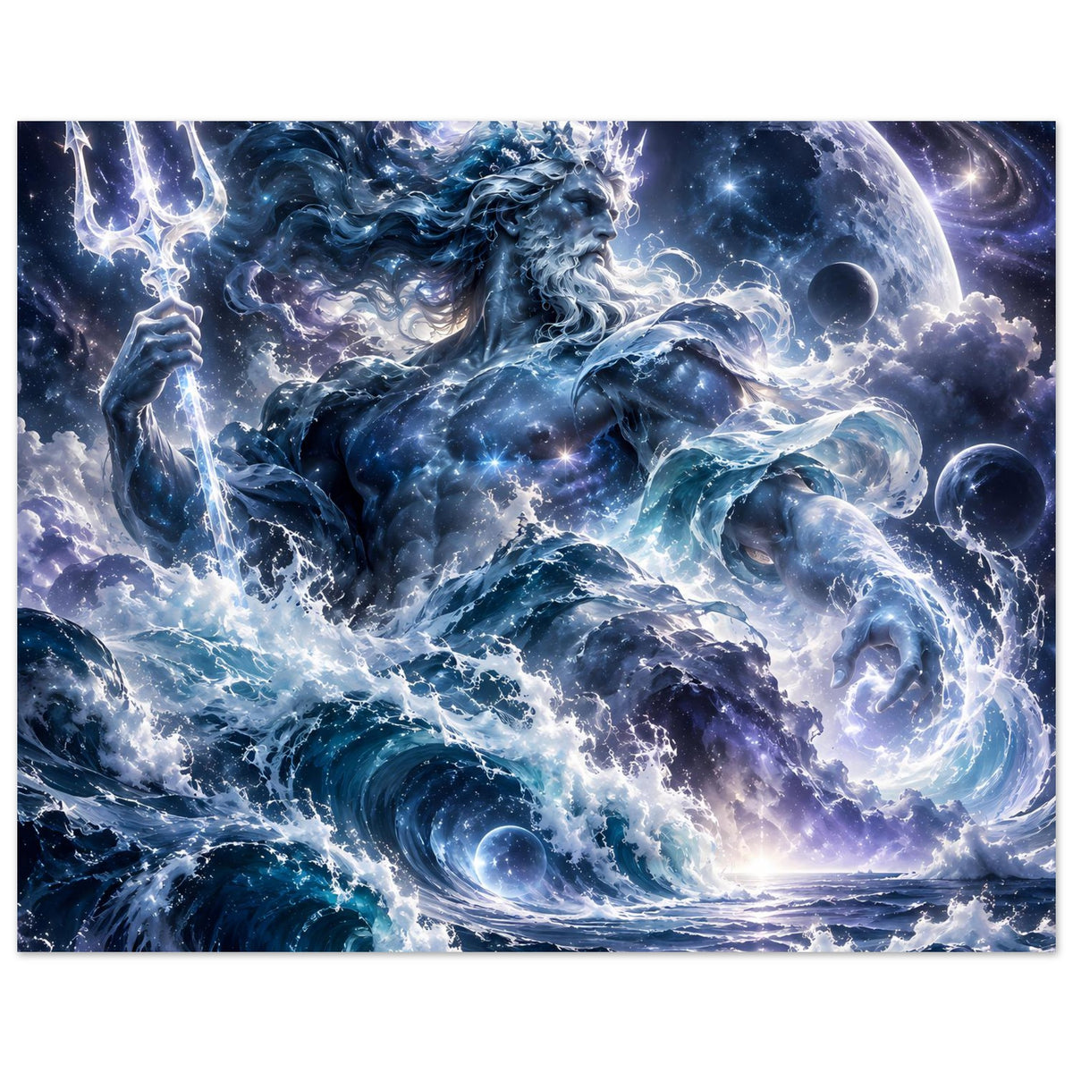Horizontales Poster mit Meeresgott und Dreizack, kosmischen Wolken und Wellen