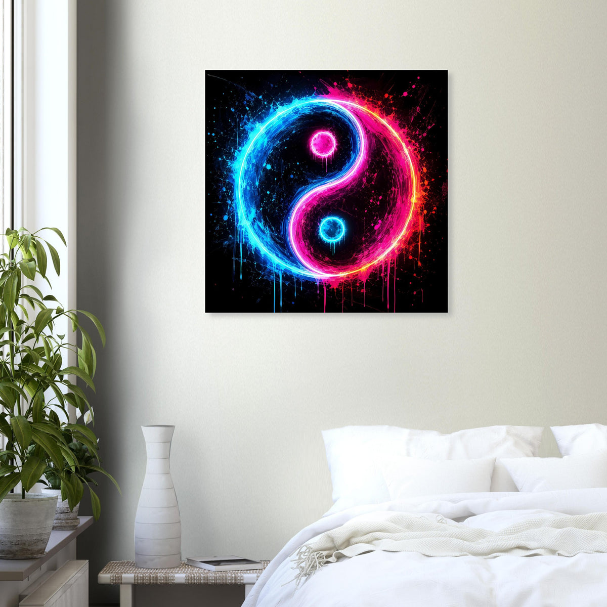 Quadratisches Wandposter mit leuchtendem Yin-Yang: Neonblau und Pink, Spritzoptik