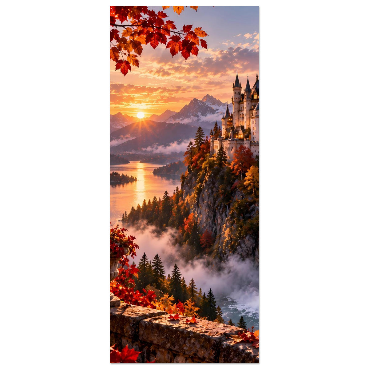 Herbst-Wandposter (hochkant) mit Schloss, Sonnenaufgang, Fluss und Wasserfall, umrahmt von roten Blättern.