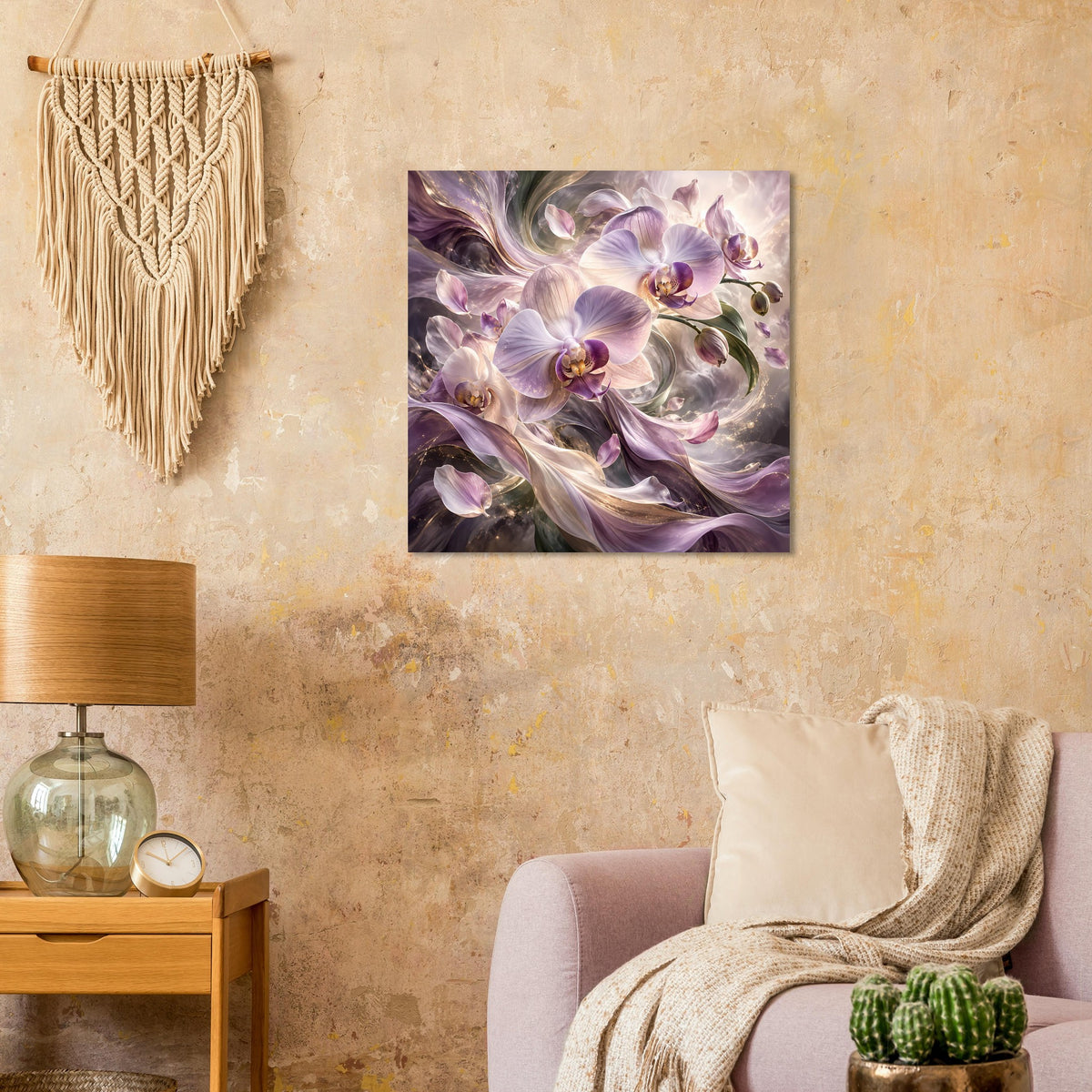 Blumenposter mit violetten Orchideenblüten in Creme-Tönen, verspieltes Wirbelmuster