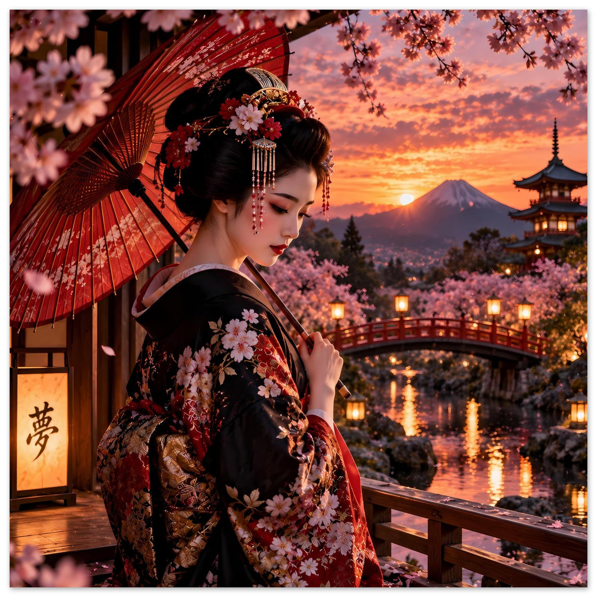 Japanisches Kimono-Poster: Frau im dunklen Kimono mit Blumenmuster, roter Fächer seitlich