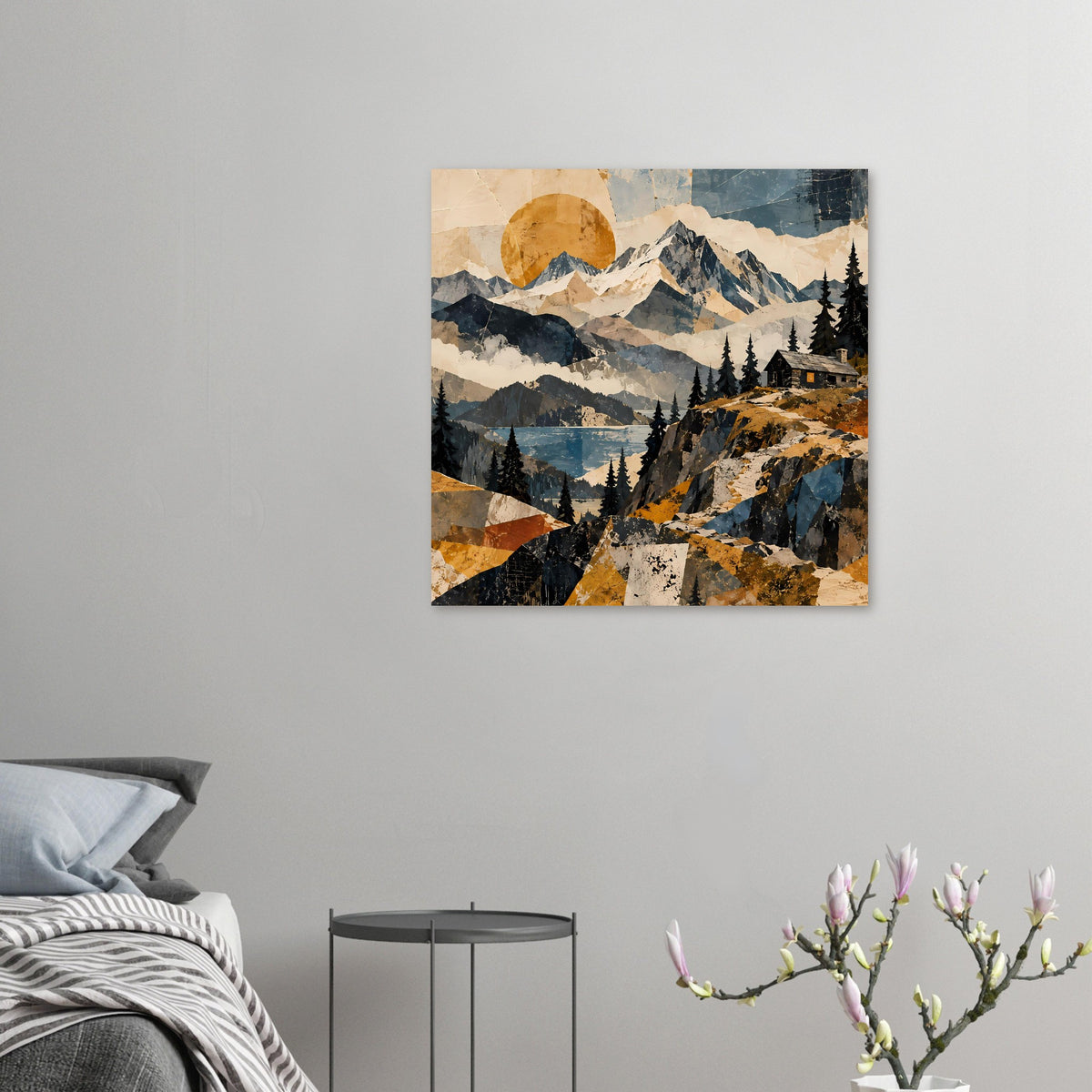 Kleines Naturposter im Querformat mit Berglandschaft, Tannen, See und Hütte