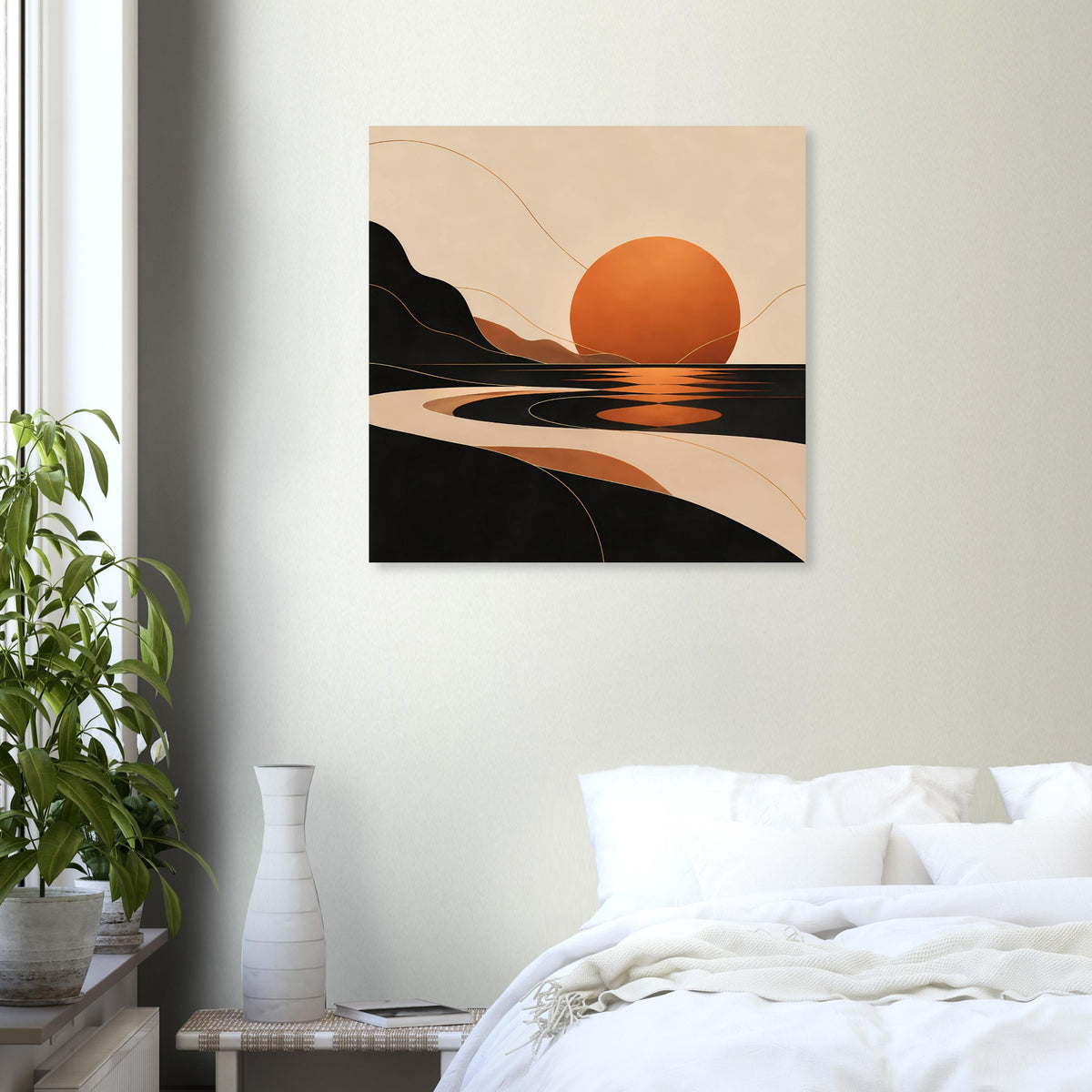 Wandposter im quadratischen Format mit orangefarbener Sonne und schwarzen Konturlinien.