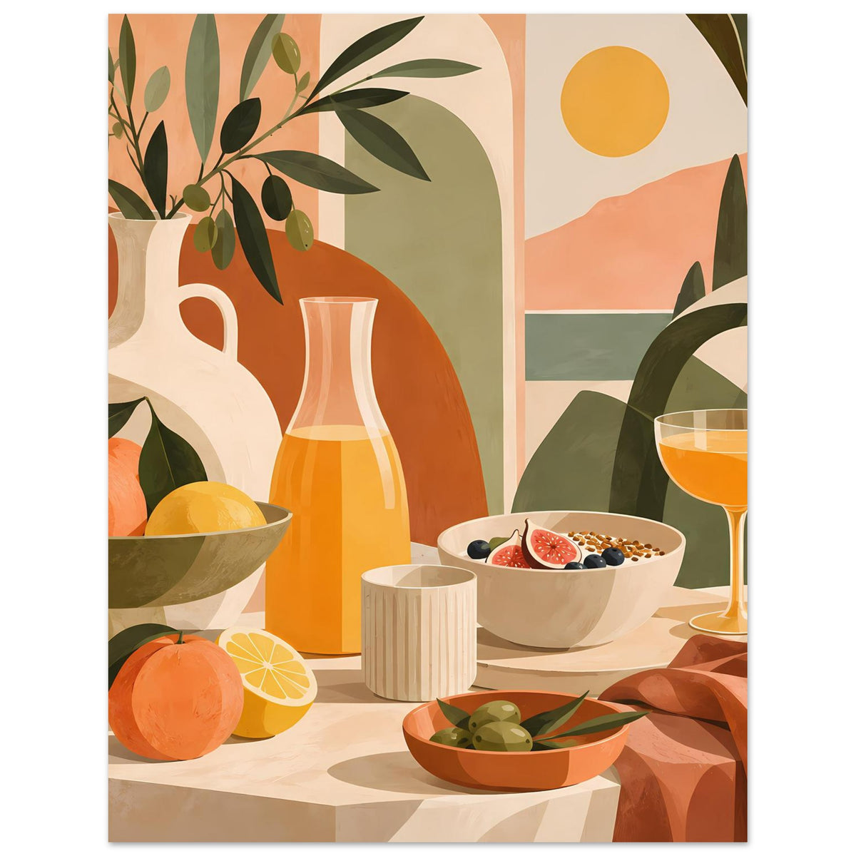 Stillleben-Poster: Vase, Obst, Schüssel mit Beeren und Oliven sowie Wein im Glas im Boho-Stil