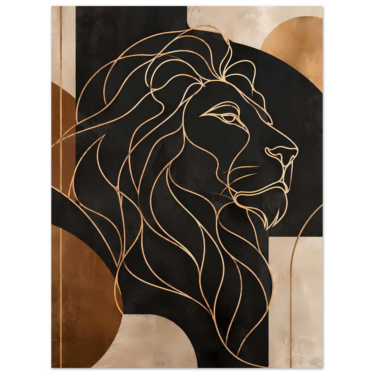 Löwen-Poster, vertikaler Ausschnitt mit Löwenkopf in Gold- und Bronzefarben auf dunklem Grund
