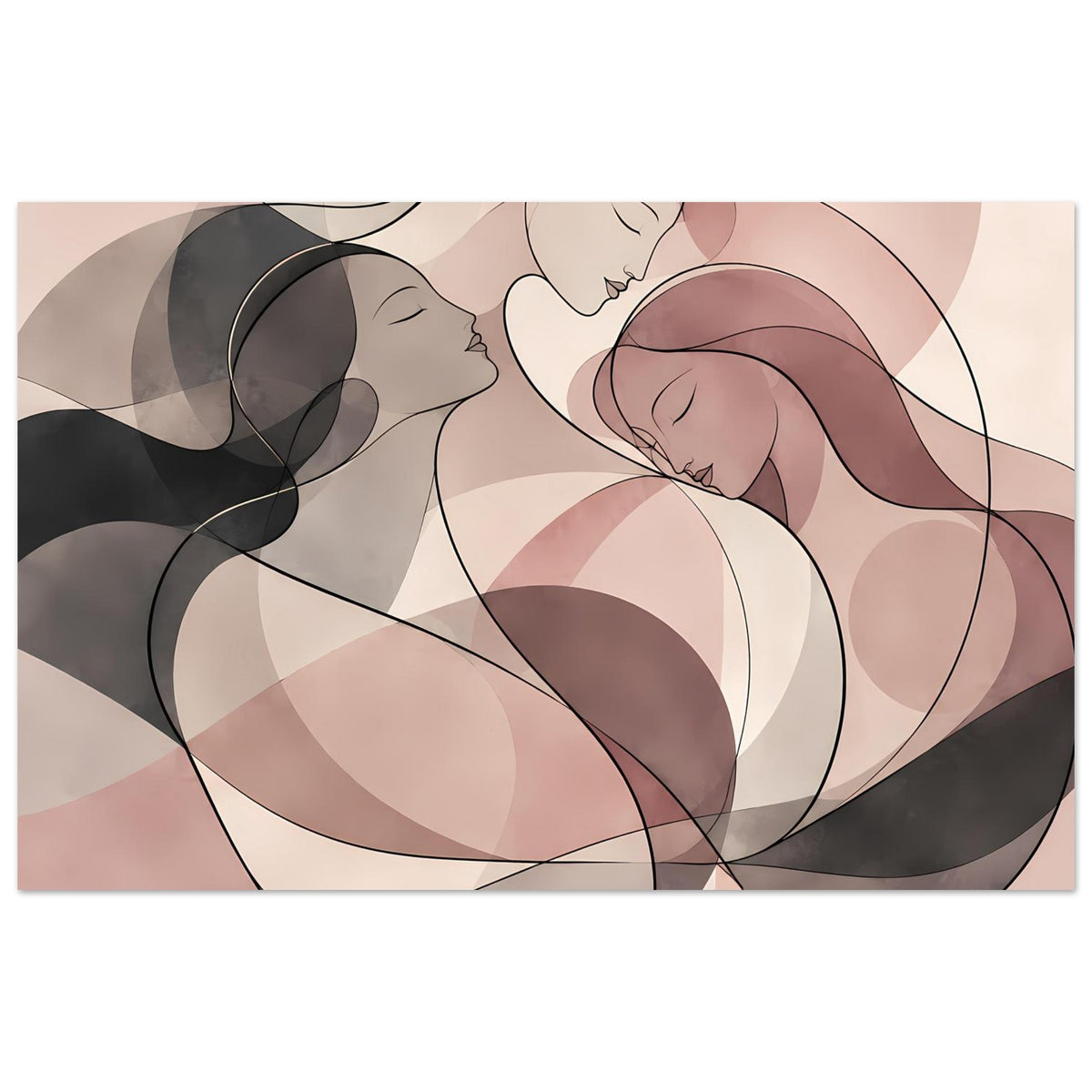 Abstraktes Poster mit drei Frauenköpfen in Rosé, Creme und Dunkeltönen
