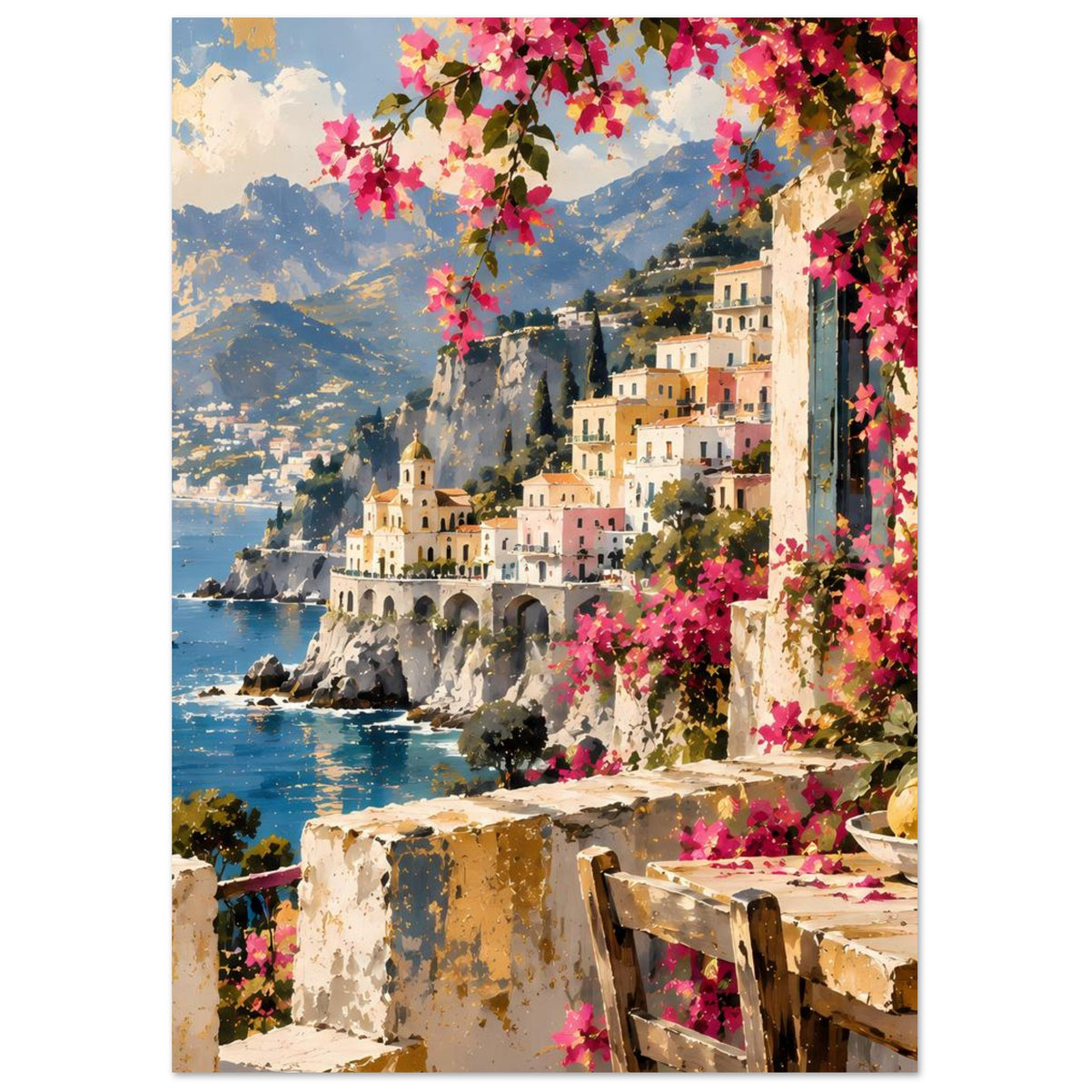 Hochformatiges Poster mit Felsbucht, Kirchengebäuden und pinken Blüten an der Terrasse