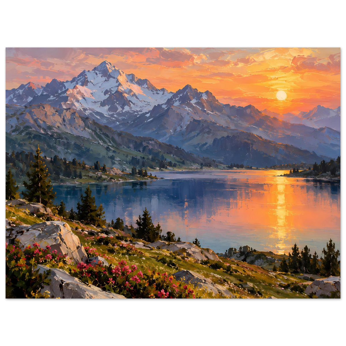 Poster mit Landschaftsgemälde: Berge, See und goldener Sonnenuntergang mit heller Sonne