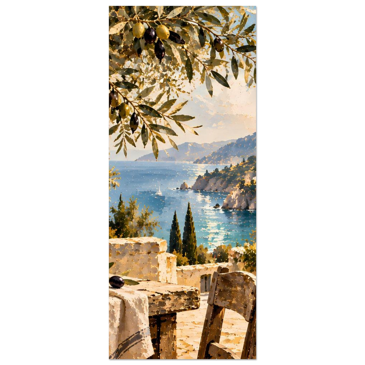 Küstenlandschaft-Poster im Hochformat: Olivenzweige, Meer und Steinterrasse